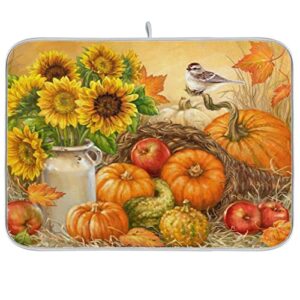 fall sunflowers pumpkin bird dish drying mat, drying mat for kitchen counter, absorbent polyester material, heat-resistant drying mat 16 in x 18 in