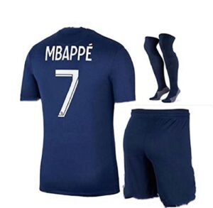 paris mbappe blue home 22/23 soccer kids jersey + shorts + socks set kit size small (6-7 years old) for youth