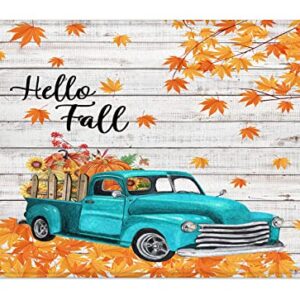 Hello Fall Bath Mat for Bathroom, Autumn Yellow Sunflower and Orange Pumpkin on Rustic Vintage Blue Truck Bathroom Rug, Country Farmhouse Retro Wood Board Non Slip Absorbent Bathroom Mat, 24x16 Inch