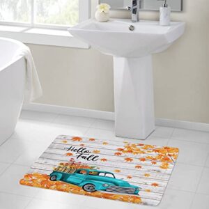 Hello Fall Bath Mat for Bathroom, Autumn Yellow Sunflower and Orange Pumpkin on Rustic Vintage Blue Truck Bathroom Rug, Country Farmhouse Retro Wood Board Non Slip Absorbent Bathroom Mat, 24x16 Inch