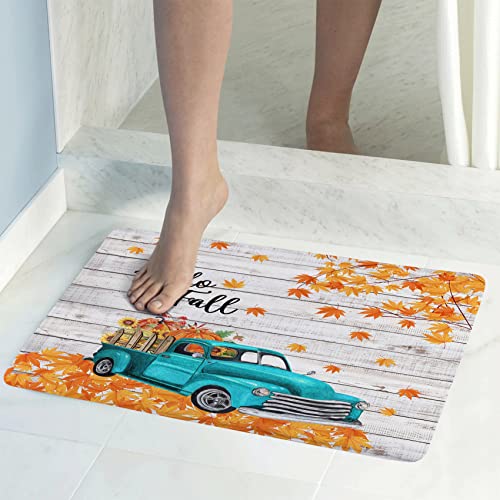 Hello Fall Bath Mat for Bathroom, Autumn Yellow Sunflower and Orange Pumpkin on Rustic Vintage Blue Truck Bathroom Rug, Country Farmhouse Retro Wood Board Non Slip Absorbent Bathroom Mat, 24x16 Inch