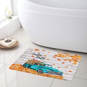 Hello Fall Bath Mat for Bathroom, Autumn Yellow Sunflower and Orange Pumpkin on Rustic Vintage Blue Truck Bathroom Rug, Country Farmhouse Retro Wood Board Non Slip Absorbent Bathroom Mat, 24x16 Inch