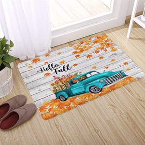 Hello Fall Bath Mat for Bathroom, Autumn Yellow Sunflower and Orange Pumpkin on Rustic Vintage Blue Truck Bathroom Rug, Country Farmhouse Retro Wood Board Non Slip Absorbent Bathroom Mat, 24x16 Inch