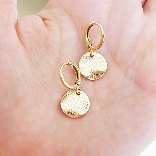 Textured Disk Charm 14K Gold Clasp Closure Dangle Earrings, Trendy Huggie Hoop With Charm Earrings, Hypoallergenic Nickel Free, Lightweight Huggies for Everyday Fashion Handmade Boho Jewelry For Women