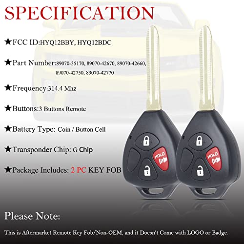 Key Fob Remote Replacement Fits for Toyota 4Runner 2010 2011 2012 2013 2014 2015 2016 2017 2018 2019/Rav4 2010-2012/Yaris 2012-2014 HYQ12BBY HYQ12BDC Keyless Entry Remote Control G Chip (Pack of 2)