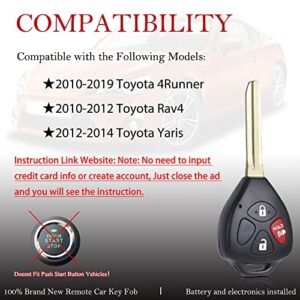 Key Fob Remote Replacement Fits for Toyota 4Runner 2010 2011 2012 2013 2014 2015 2016 2017 2018 2019/Rav4 2010-2012/Yaris 2012-2014 HYQ12BBY HYQ12BDC Keyless Entry Remote Control G Chip (Pack of 2)
