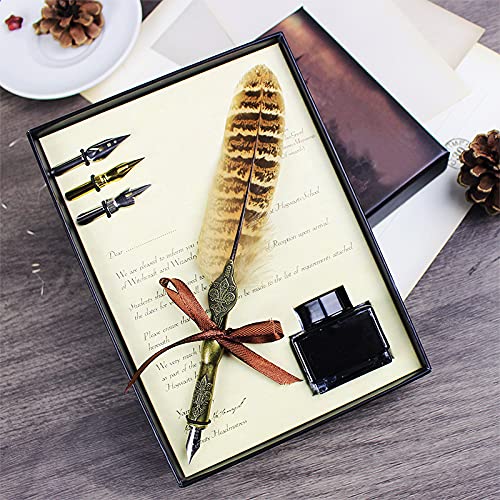 Feather Calligraphy Pen Set Writing Dip Ink Quill Pen Wedding Signature Fountain Pen Birthday Xmas Gift for Kids (Owl feather pen)