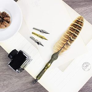 Feather Calligraphy Pen Set Writing Dip Ink Quill Pen Wedding Signature Fountain Pen Birthday Xmas Gift for Kids (Owl feather pen)