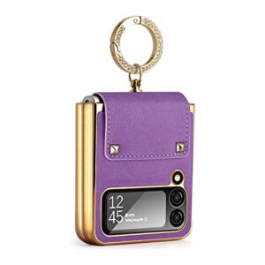 fnkjynd for samsung galaxy z flip 4 5g with ring holder,luxury leather phone cases with bling diamond stand flip plating golden bumper shockproof protector for galaxy z flip 4 5g 2022 women girls