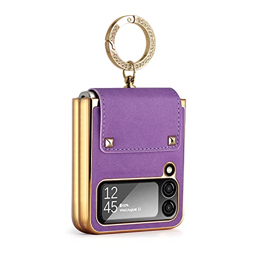 FNKJYND for Samsung Galaxy Z Flip 4 5G with Ring Holder,Luxury Leather Phone Cases with Bling Diamond Stand Flip Plating Golden Bumper Shockproof Protector for Galaxy Z Flip 4 5G 2022 Women Girls