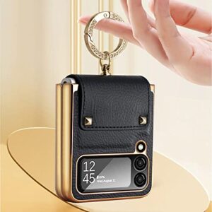 FNKJYND for Samsung Galaxy Z Flip 4 5G with Ring Holder,Luxury Leather Phone Cases with Bling Diamond Stand Flip Plating Golden Bumper Shockproof Protector for Galaxy Z Flip 4 5G 2022 Women Girls