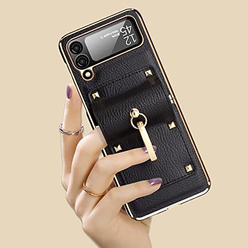 FNKJYND for Samsung Galaxy Z Flip 4 5G with Ring Holder,Luxury Leather Phone Cases with Bling Diamond Stand Flip Plating Golden Bumper Shockproof Protector for Galaxy Z Flip 4 5G 2022 Women Girls