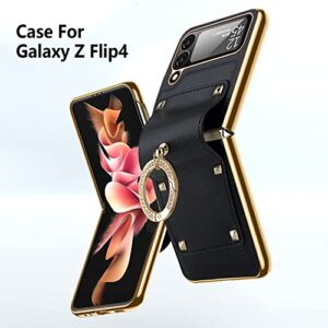 FNKJYND for Samsung Galaxy Z Flip 4 5G with Ring Holder,Luxury Leather Phone Cases with Bling Diamond Stand Flip Plating Golden Bumper Shockproof Protector for Galaxy Z Flip 4 5G 2022 Women Girls