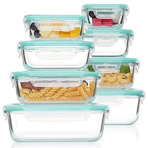 vtopmart 8 pack glass food storage containers with lids, glass meal prep containers, airtight glass bento boxes with leak proof locking lids, for microwave, oven, freezer and dishwasher, bpa free