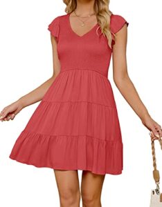 zesica womens 2023 summer casual v neck flutter sleeve bohemian ruffle smocked a line swing mini dress,watermelon,small