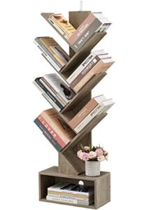 hoctieon 6 tier tree bookshelf, 6 shelf bookcase with drawer, modern book storage, utility organizer shelves for home office, living room, bedroom, greige