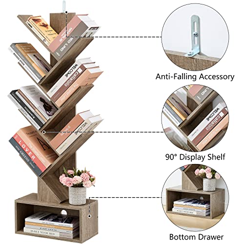 Hoctieon 6 Tier Tree Bookshelf, 6 Shelf Bookcase with Drawer, Modern Book Storage, Utility Organizer Shelves for Home Office, Living Room, Bedroom, Greige