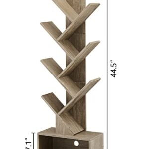 Hoctieon 6 Tier Tree Bookshelf, 6 Shelf Bookcase with Drawer, Modern Book Storage, Utility Organizer Shelves for Home Office, Living Room, Bedroom, Greige