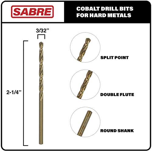 Sabre Tools 3/32 Inch Cobalt Drill Bits – 5pcs Drill Bits for Metal, M35 Cobalt Metal Drill Bit Set, Split Point Tip Cobalt Drill Bits – Drill Bits for Steel, Hard Metal, Cast Iron (3/32 x 2-1/4")