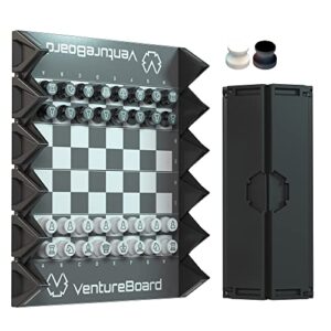 ventureboard 6 inches magnetic unique chess set board game - 2 extra queens - folding board, portable travel chess board game pieces - black/grey
