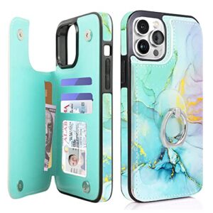 fanlecc wallet case compatible with iphone 13 pro max 6.7" artificial leather case with 360° rotation finger ring holder card slots kickstand folio flip cover for men women (mint marble)