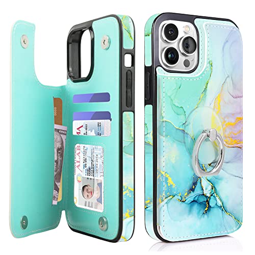 Fanlecc Wallet Case Compatible with iPhone 13 Pro Max 6.7" Artificial Leather Case with 360° Rotation Finger Ring Holder Card Slots Kickstand Folio Flip Cover for Men Women (Mint Marble)