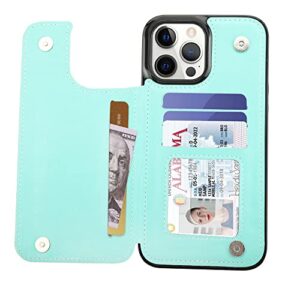 Fanlecc Wallet Case Compatible with iPhone 13 Pro Max 6.7" Artificial Leather Case with 360° Rotation Finger Ring Holder Card Slots Kickstand Folio Flip Cover for Men Women (Mint Marble)