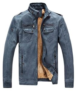 chartou men retro pu faux leather bomber jacket stand collar fleece lined motorcycle jacket zip up (medium,blue)