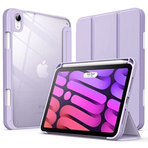 jetech case for ipad mini 6 (8.3-inch 2021 model) with pencil holder, clear transparent back shell slim stand shockproof tablet cover, auto wake/sleep (light purple)