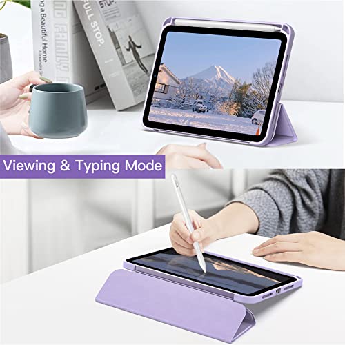 JETech Case for iPad Mini 6 (8.3-Inch 2021 Model) with Pencil Holder, Clear Transparent Back Shell Slim Stand Shockproof Tablet Cover, Auto Wake/Sleep (Light Purple)