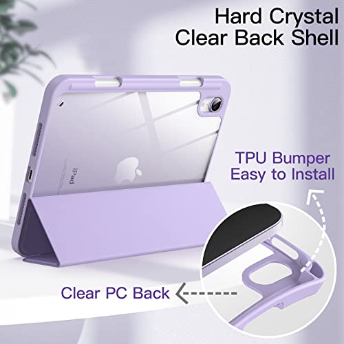 JETech Case for iPad Mini 6 (8.3-Inch 2021 Model) with Pencil Holder, Clear Transparent Back Shell Slim Stand Shockproof Tablet Cover, Auto Wake/Sleep (Light Purple)