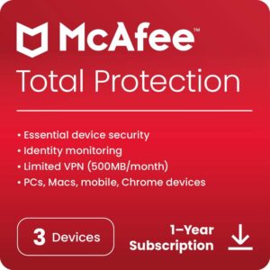 mcafee total protection 2023 | 3 device | cybersecurity software includes antivirus, secure vpn, password manager, dark web monitoring | amazon exclusive | download