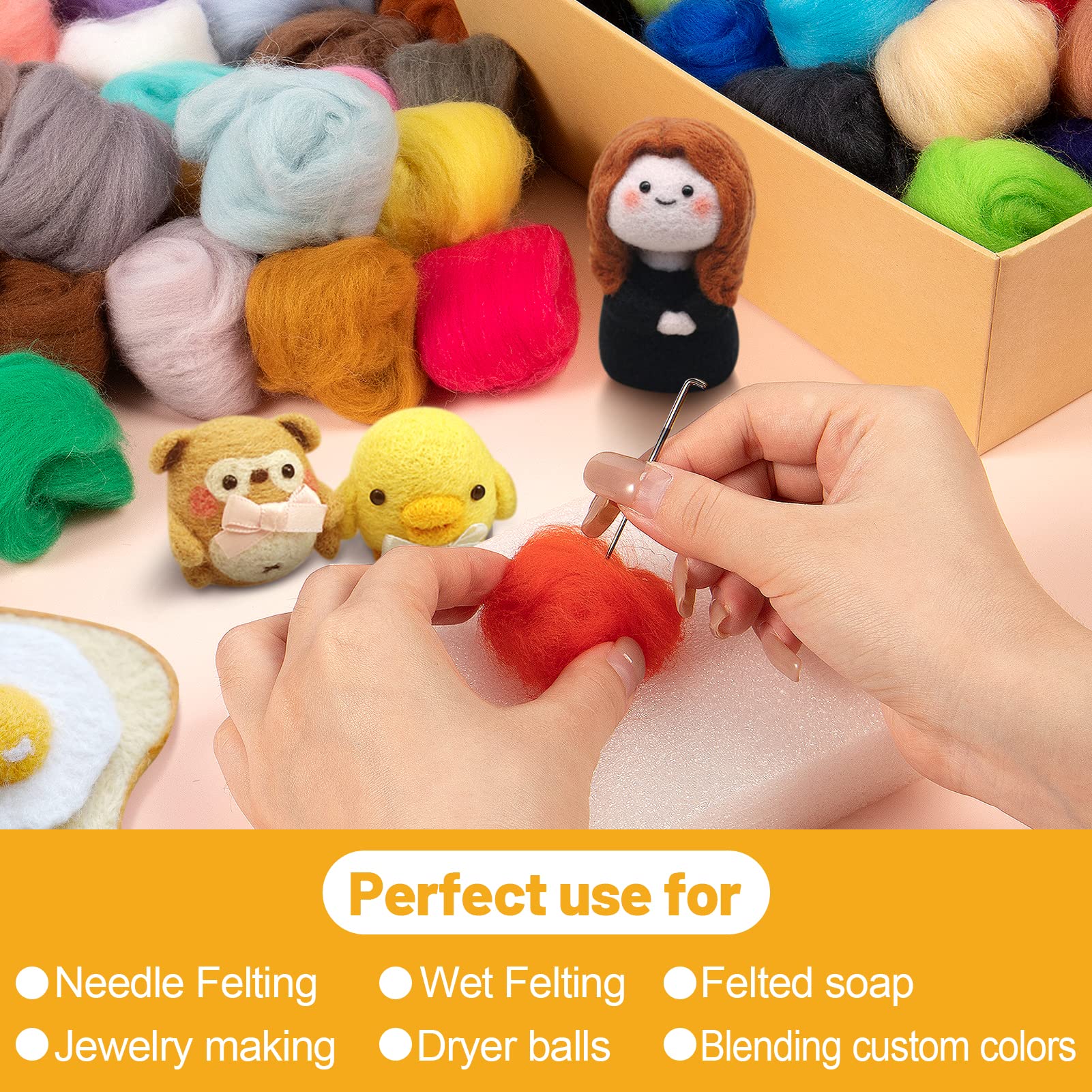 96pcs 10.4 oz Needle Felting Wool- 48 Colorful Nature Fibre Wool Yarn Roving Needle Felting Hand Spinning for Wool Felting Yarn Supplies DIY Craft Materials, 3g/Pack