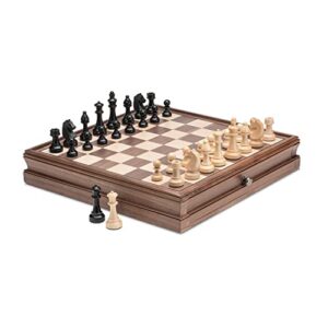 a&a 15 inch walnut wooden chess sets w/ storage drawer / triple weighted chess pieces - 3.0 inch king height/ walnut box w/walnut & maple inlay / 2 extra queen / classic 2 in 1 board games