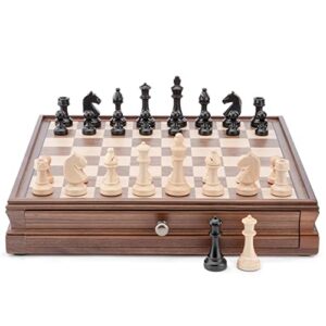 A&A 15 inch Walnut Wooden Chess Sets w/ Storage Drawer / Triple Weighted Chess Pieces - 3.0 inch King Height/ Walnut Box w/Walnut & Maple Inlay / 2 Extra Queen / Classic 2 in 1 Board Games