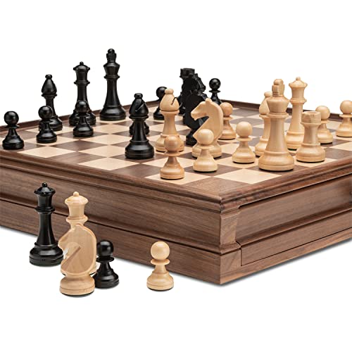 A&A 15 inch Walnut Wooden Chess Sets w/ Storage Drawer / Triple Weighted Chess Pieces - 3.0 inch King Height/ Walnut Box w/Walnut & Maple Inlay / 2 Extra Queen / Classic 2 in 1 Board Games