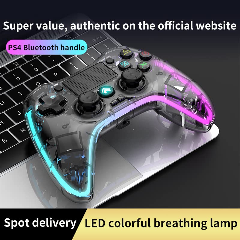 ROTOMOON Clear Wireless Controller with 8 Color Adjustable LED Lighting Compatible with PS4 Pro/PS4 Slim/PS4 Controller, with Headphone Jack for PS4 Dualshock 4 Game