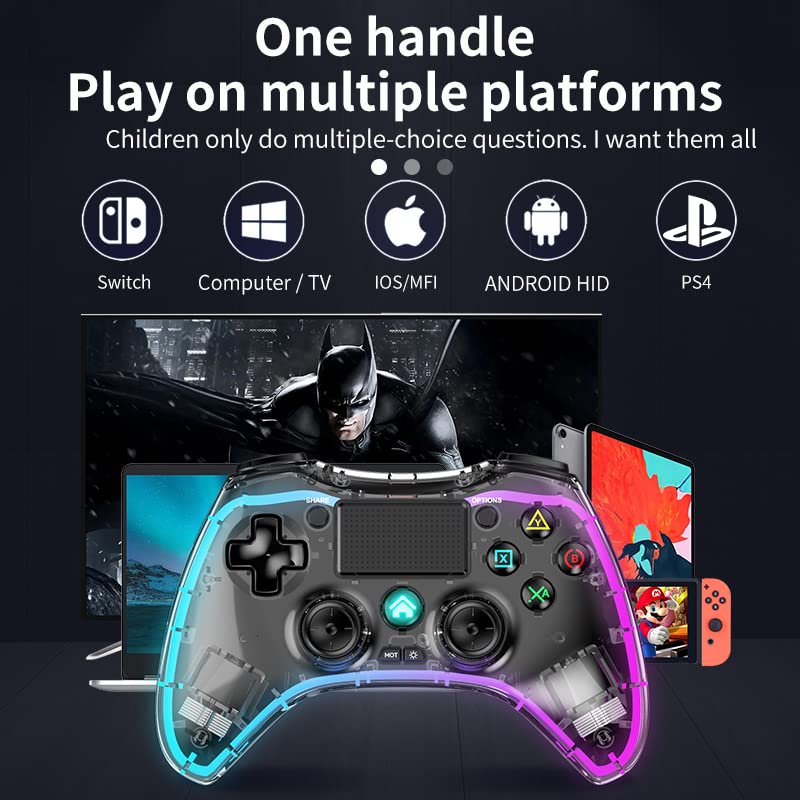 ROTOMOON Clear Wireless Controller with 8 Color Adjustable LED Lighting Compatible with PS4 Pro/PS4 Slim/PS4 Controller, with Headphone Jack for PS4 Dualshock 4 Game