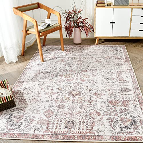 jinchan Area Rug 8x10 Vintage Rug Indoor Thin Rug Retro Accent Rug Distressed Carpet Red Multi Floral Print Country Boho Rug Non Slip Kitchen Bedroom Living Room Dining Room Office