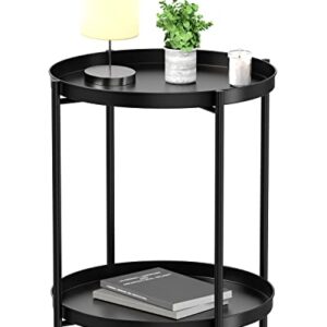 EKNITEY 2 Tier End Table - Metal Side Table Waterproof Small Sofa Coffee Side Tables Bedroom Indoor Outdoor with Removable Tray for Living Room Bedroom Balcony and Office (Black)