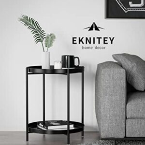 EKNITEY 2 Tier End Table - Metal Side Table Waterproof Small Sofa Coffee Side Tables Bedroom Indoor Outdoor with Removable Tray for Living Room Bedroom Balcony and Office (Black)