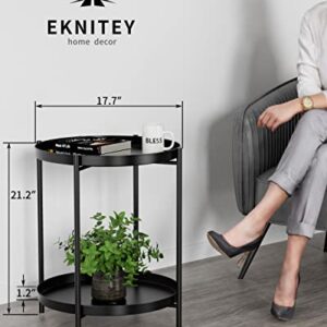 EKNITEY 2 Tier End Table - Metal Side Table Waterproof Small Sofa Coffee Side Tables Bedroom Indoor Outdoor with Removable Tray for Living Room Bedroom Balcony and Office (Black)