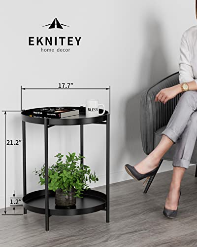 EKNITEY 2 Tier End Table - Metal Side Table Waterproof Small Sofa Coffee Side Tables Bedroom Indoor Outdoor with Removable Tray for Living Room Bedroom Balcony and Office (Black)