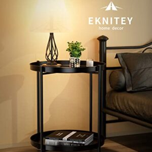 EKNITEY 2 Tier End Table - Metal Side Table Waterproof Small Sofa Coffee Side Tables Bedroom Indoor Outdoor with Removable Tray for Living Room Bedroom Balcony and Office (Black)