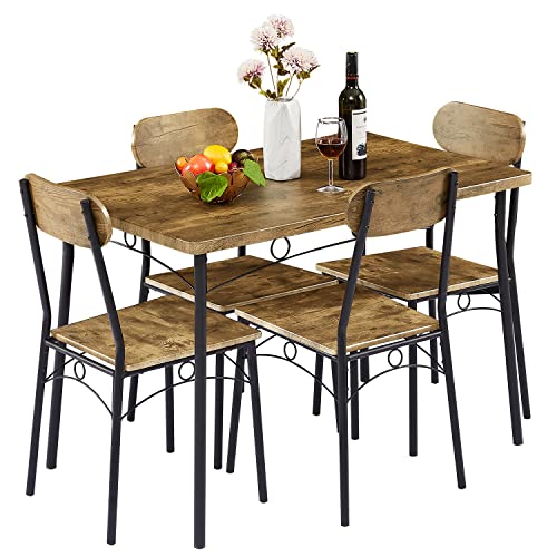 VECELO Dining Table Set 5 Piece Dinette with Chairs for Kitchen, Breakfast Nook and Small Space, Brown, Table & Chair for 4
