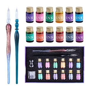 ofun glass pen and ink set, beginners calligraphy dip pens for art drawing, gift card writing, rainbow crystal kit with 2 pcs pens, 12 gold powder inks, cleaning cup, holder