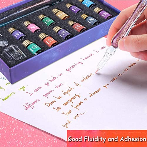 OFUN Glass Pen and Ink Set, Beginners Calligraphy Dip Pens for Art Drawing, Gift Card Writing, Rainbow Crystal Kit with 2 Pcs Pens, 12 Gold Powder Inks, Cleaning Cup, Holder