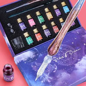 OFUN Glass Pen and Ink Set, Beginners Calligraphy Dip Pens for Art Drawing, Gift Card Writing, Rainbow Crystal Kit with 2 Pcs Pens, 12 Gold Powder Inks, Cleaning Cup, Holder