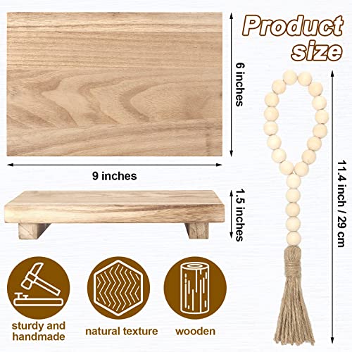 Wood Pedestal Stand Riser Rectangle Wooden Tray Sink Soap Holder Wood Bead Garland Rustic Farmhouse Tassels Beads for Home Bathroom Kitchen Table Decor Bottles Plant Jewelry Display (Light Brown)