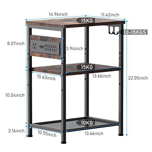 HEZI End Table with Charging Station & USB Ports, 3-Tier Side Table with PD 20W USB C for Living Room Study Bedroom,Narrow Sofa Table Bedside Table with Storage Shelf,Small Nightstand, Brown